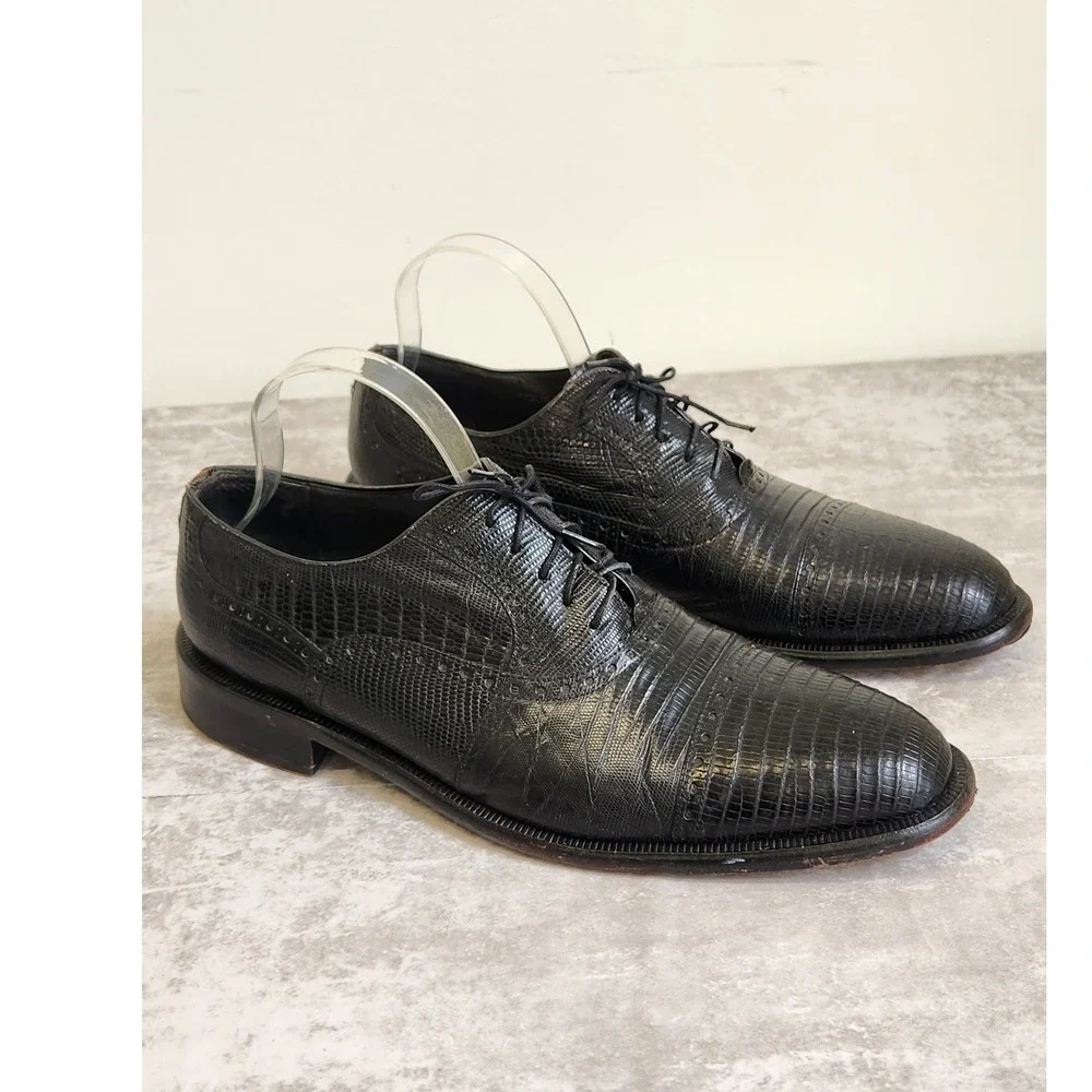 David Eden Men's Lizard Embossed Cap Toe Brogue Oxford Black Shoes 10.5 Formal